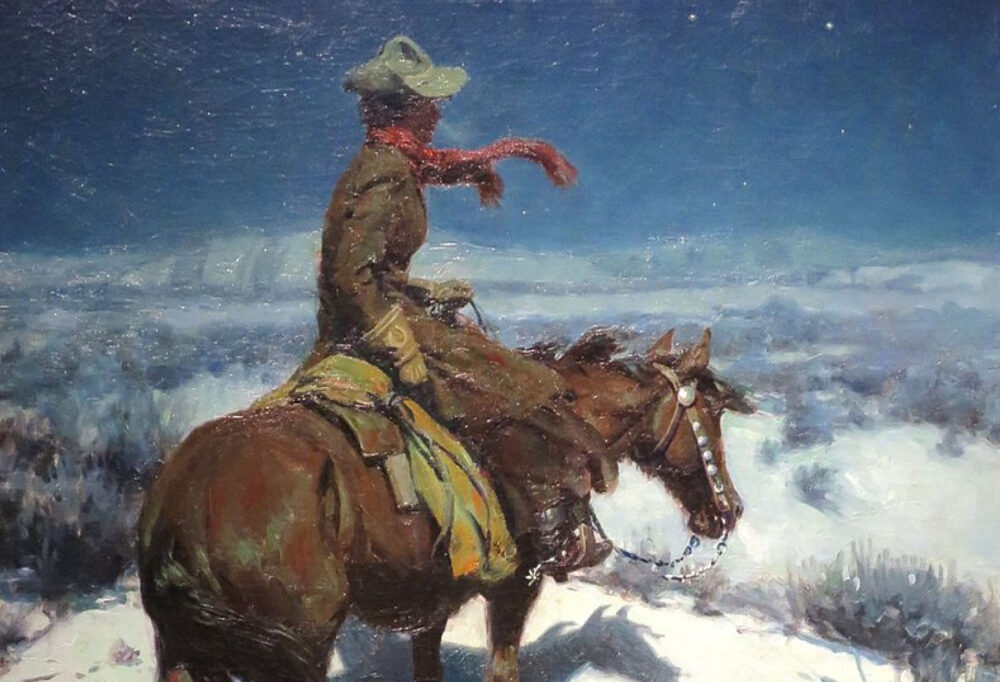 Painting of person on a horse in the snow