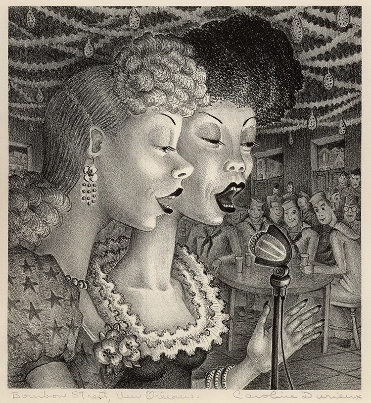 black lithograph on paper, two people singing into a microphone