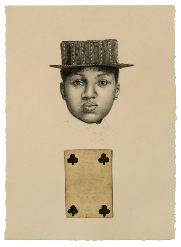 Charcoal pencil on paper with attached playing card
