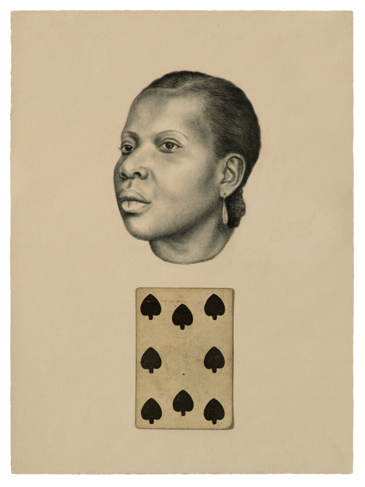 Charcoal pencil on paper with attached playing card