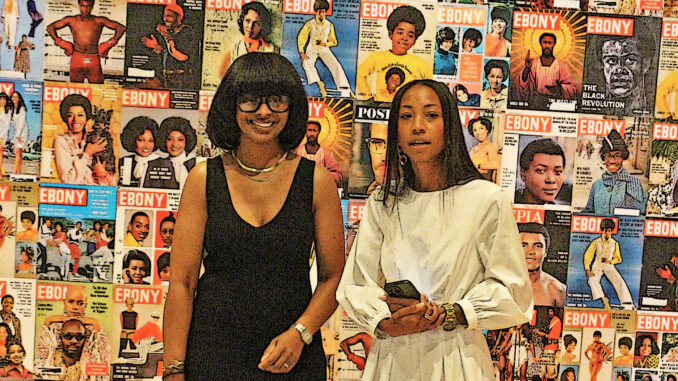 Cheryse Terry, collector, and Jessica Gaynelle Moss inside The Vault exhibition at The Mint