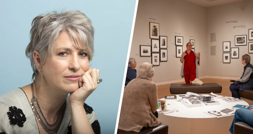headshot of artist Maya Goded next to image of Curator Jen Sudul Edwards giving a member tour