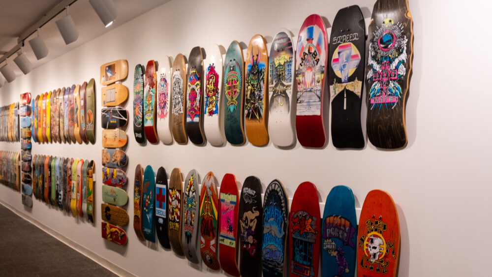 Wall of skateboards