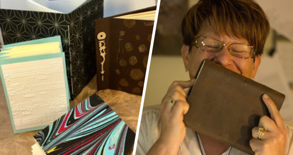 Cropped image of artist and book binder Jackie Radford next to journals