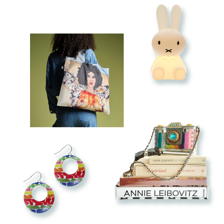 Items from the museum store clockwise. Miffy lamp, Annie Leibovitz catalogues with purse shaped like camera, round earrings inspired by Alma Thomas, tote bag inpsired by MICKALENE THOMAS Portrait of Maya No. 10