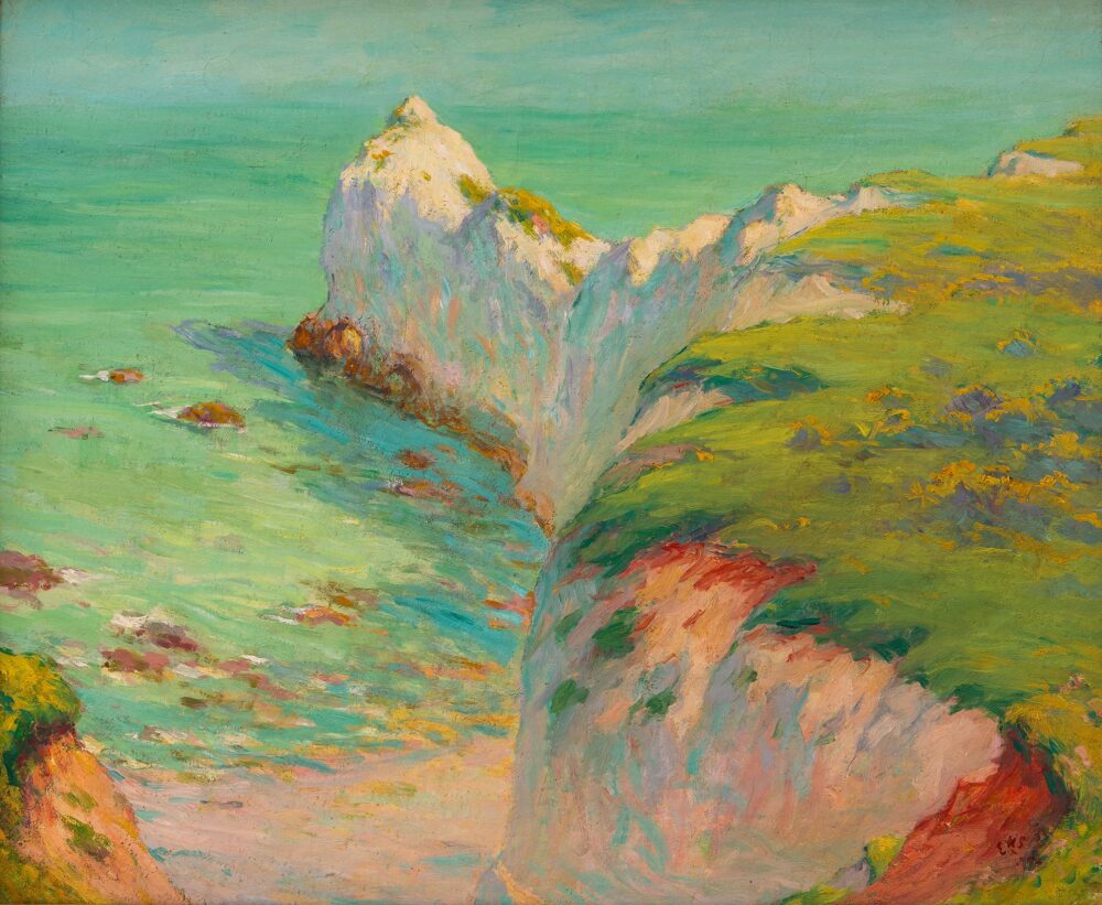 A painting of a white cliff covered in green grass jutting out to the blue-green sea. 