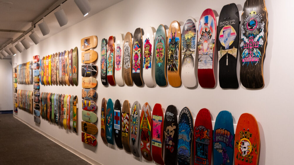 Wall of skateboard art at Mint Museum Randolph