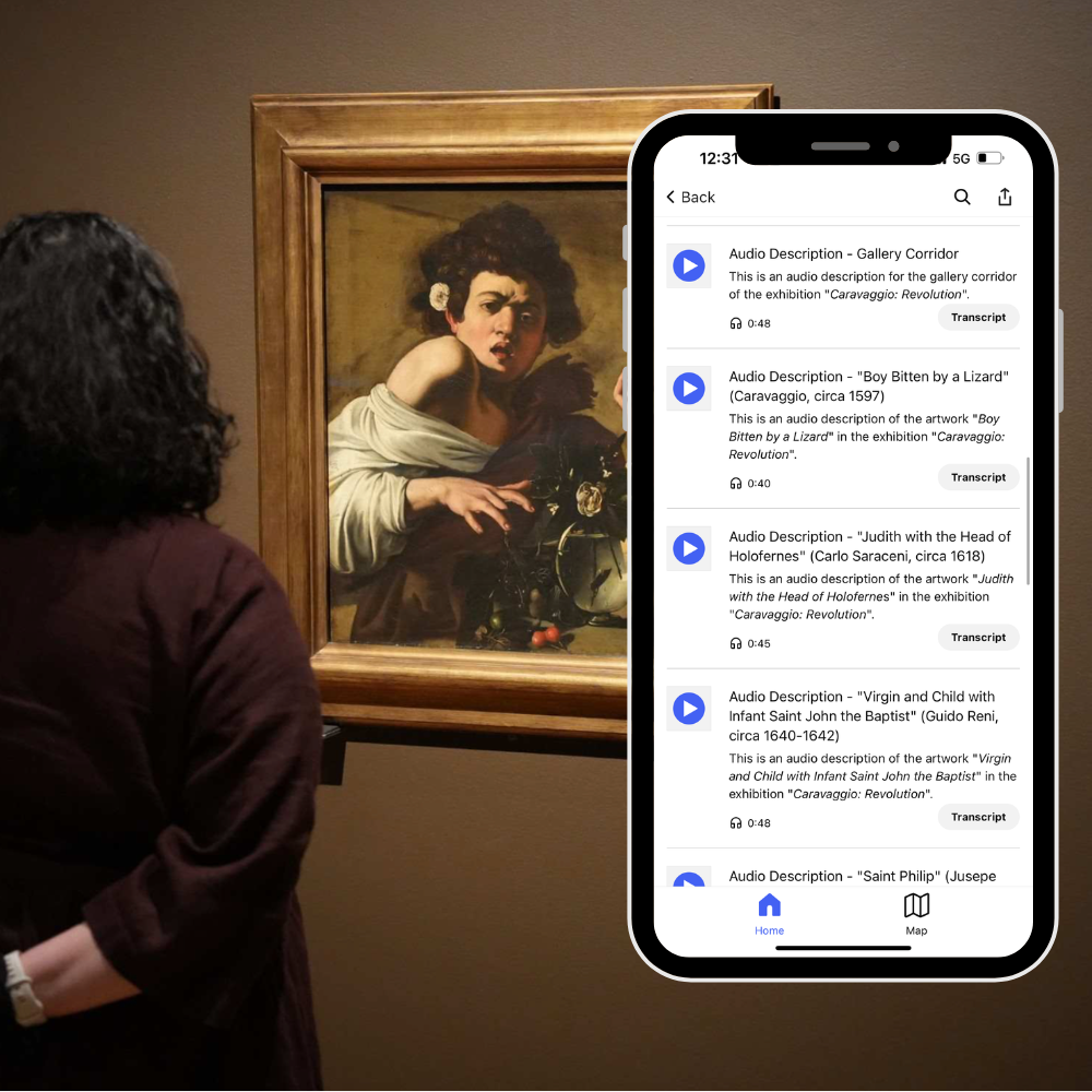 Caravaggio Revolution gallery with phone showing bloomberg connects app audio descriptions