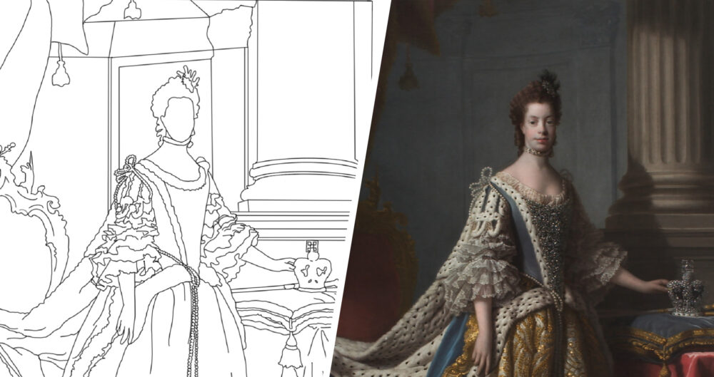 Side-by-side image of Queen Charlotte portrait and inspired coloring sheet