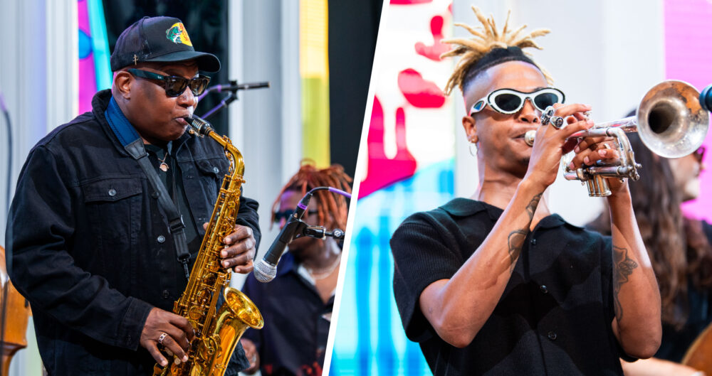 Two musicians playing a sax and trombone in Mint Museum Uptown