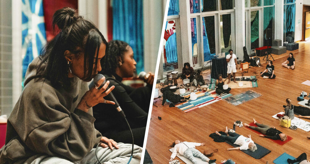 Image of people relaxing and performing during a soundbath program