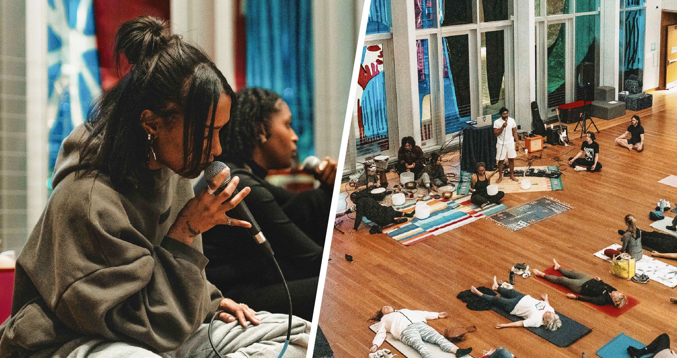 Image of people relaxing and performing during a soundbath program