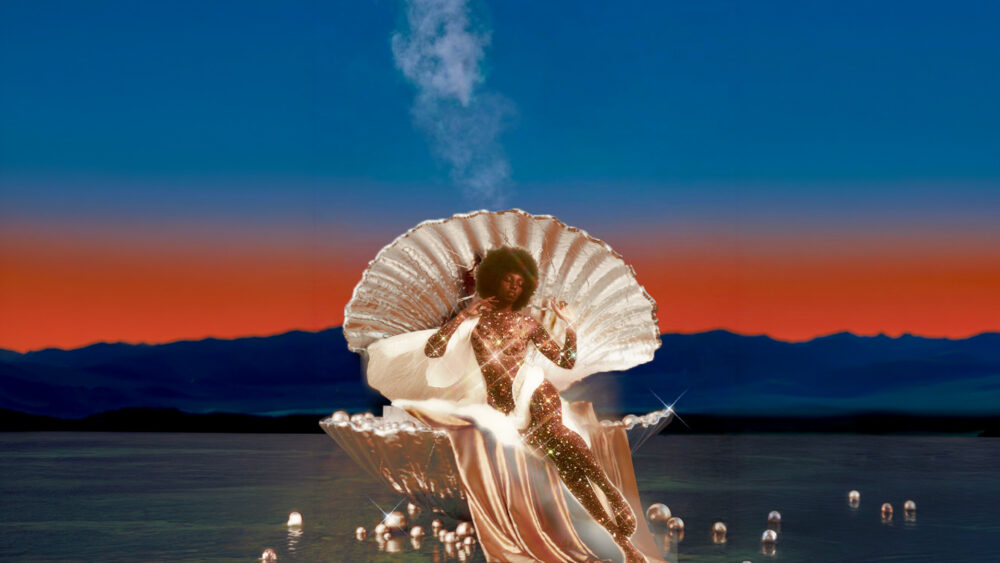 Elegant woman laying on a seashell
