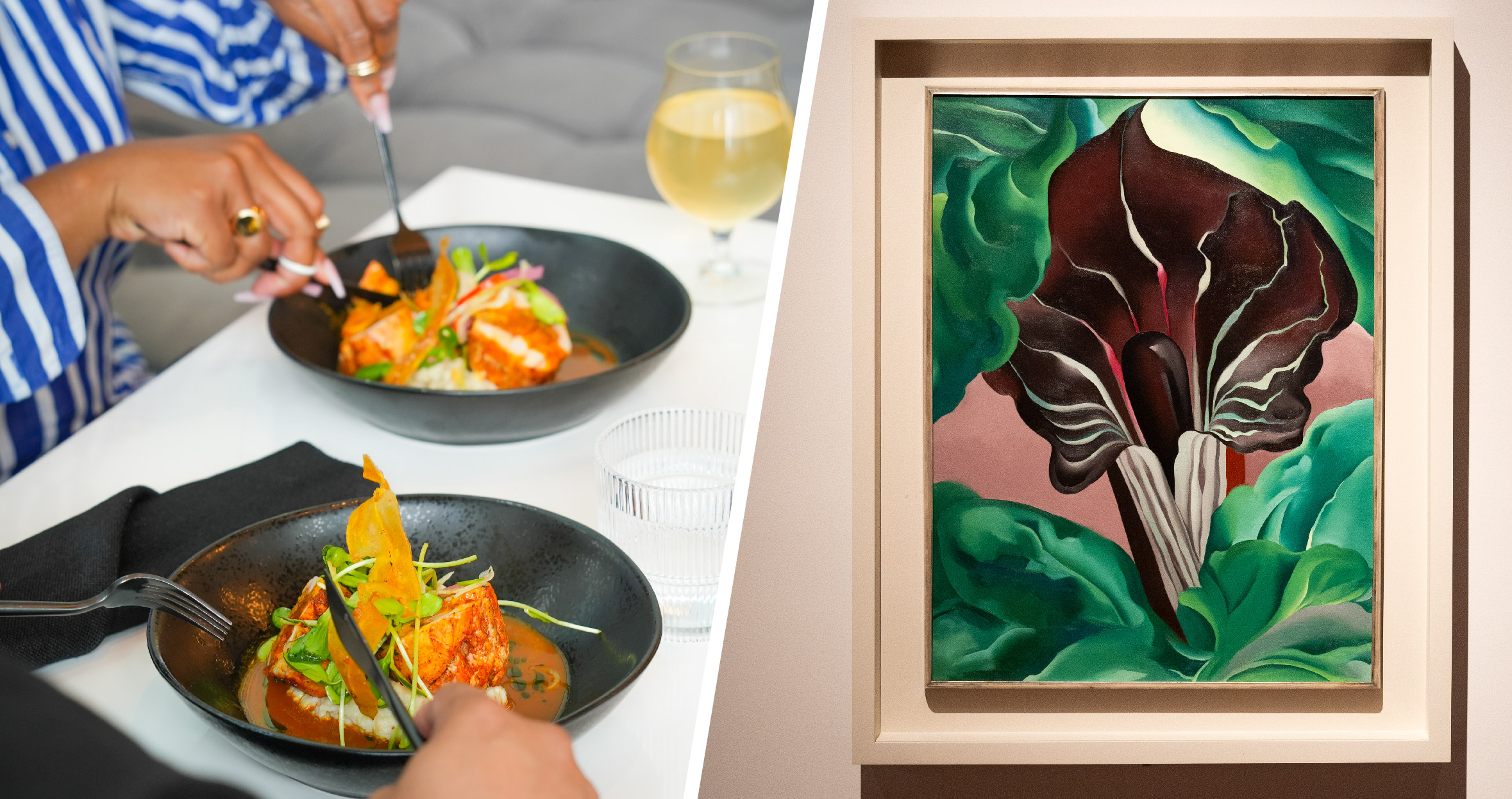 Plate of food, next to georgia o'keefe painting