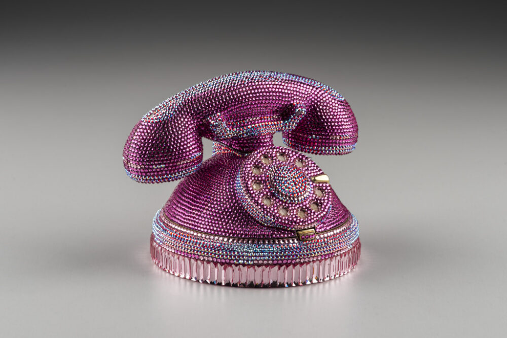 Judith Leiber purse: bright pink rotary phone