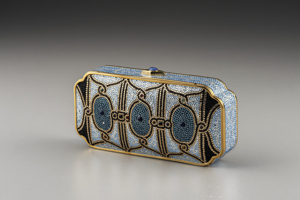 Judith Leiber bag: blue tiffany mosaic themed