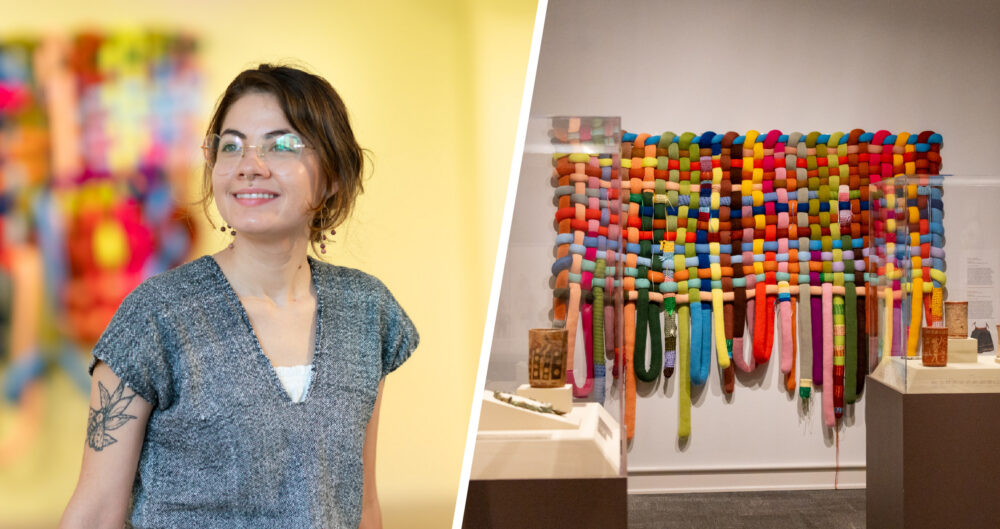 Two images, left is Katrina Sanchez' headshot, the right is her exhibition in-gallery at the Mint