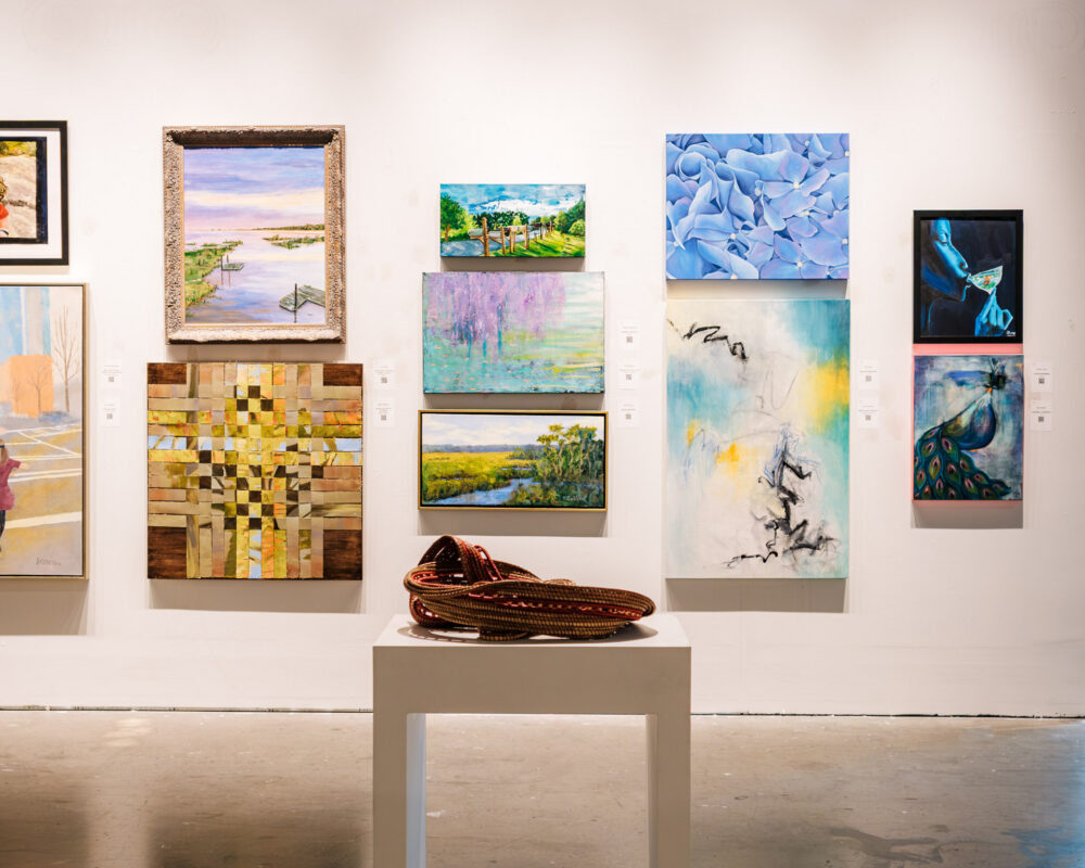 Mint5pace gallery, misc. hanging paintings and a basket